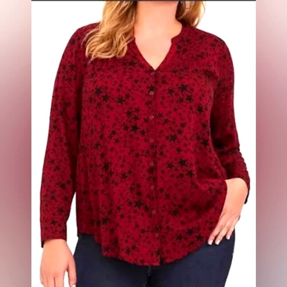 Torrid Deep Red Buttondown Blouse with Black Stars, Size 0, Large or 12
